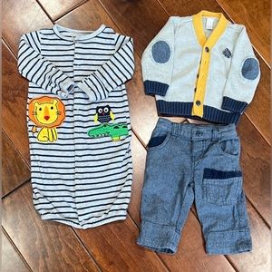 Baby Boy Sleep Gown/ Macy’s cardigan and pants set Size 0-3 Months